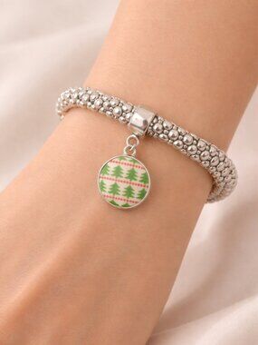 Silver Sparkle Stretch Snap Bracelet Christmas Tree Charm Interchangeable